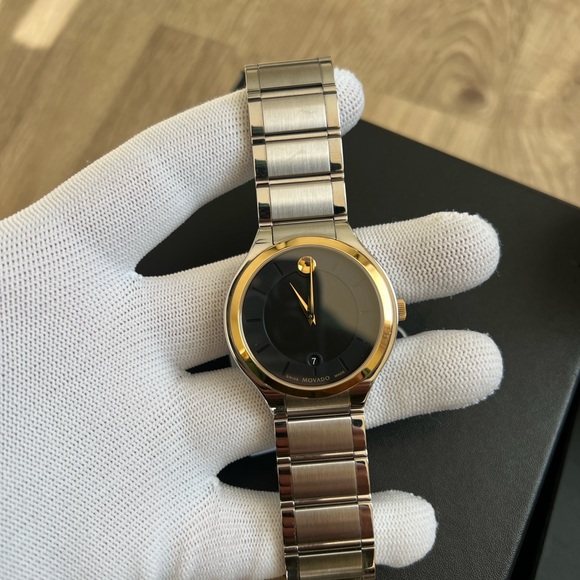 Movado Quadro Watch With 40mm Black Face & Silver Bracelet with gold bezel - Picture 6 of 11